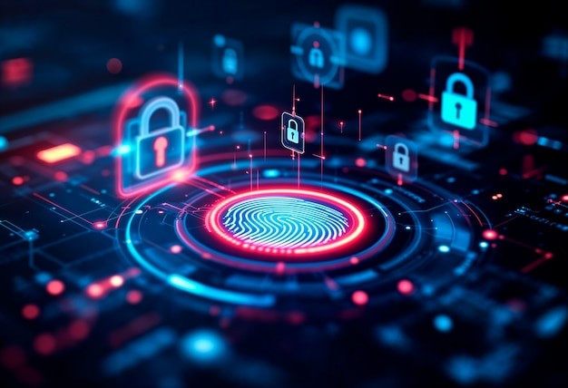 A futuristic digital fingerprint scan surrounded by glowing security padlocks, symbolizing threat intelligence to improve incident response