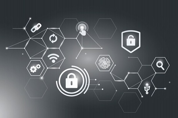 Digital cybersecurity interface with padlock, fingerprint, and network icons symbolizing real-time network security monitoring solutions.